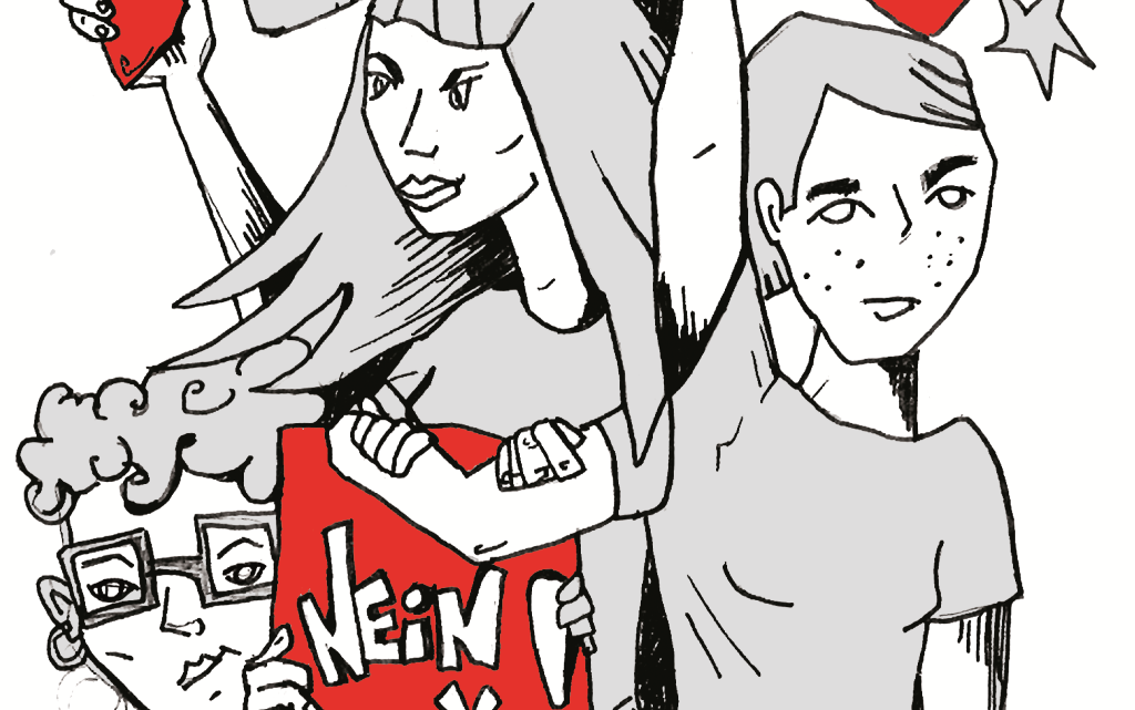 Zeichnung: Zu sehend sind drei Frauen, von denen eine eine rote Karte hochhält und die andere ein Plakat, auf dem "Nein Danke" steht.