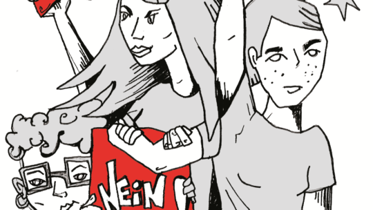 Zeichnung: Zu sehend sind drei Frauen, von denen eine eine rote Karte hochhält und die andere ein Plakat, auf dem "Nein Danke" steht.