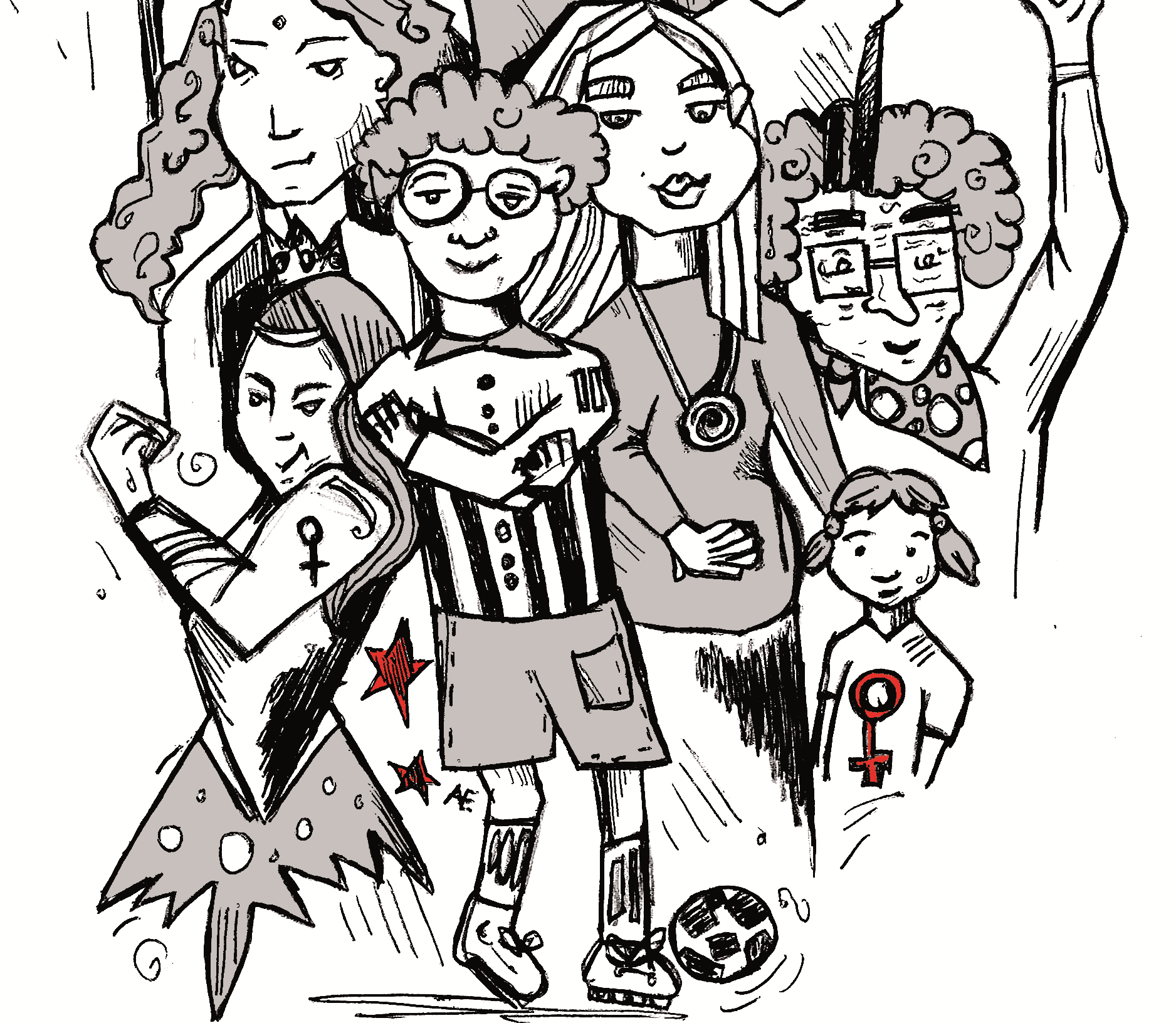 Zeichnung: Zu sehen sind junge Frauen in ganz verschiedener Kleidung, eine im Trikot und mit Fußball.