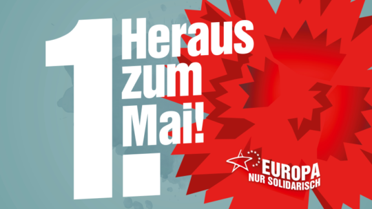 zu sehen ist eine rote Nelke und der Text "Heraus zum 1. Mai - Europa nur solidarisch"
