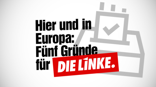 Auf dem banner steht: "Hie rund in Europa - Fünf Gründe für DIE LINKE"