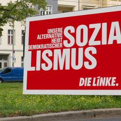 Großflächenmotiv zur Landtagswahl 2019 auf dem steht: "Unsere Alternative heisst demokratischer Sozialismus", wobei das "Sozialismus" in der großen Lettern auf dem Plakat steht.