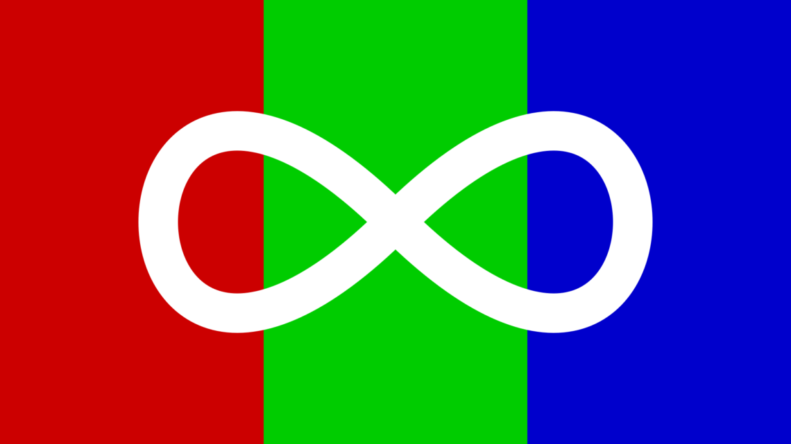 Zu sehen ist die "Autistic Pride Day"-Flagge, die aus drei vertikalen Streifne in den Farben Rot, Grün und Blau besteht und über denen horizontal ein Unendlich-Zeichen liegt