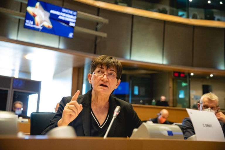 Cornelia Ernst spricht von ihrem Platz im Europaparlament.