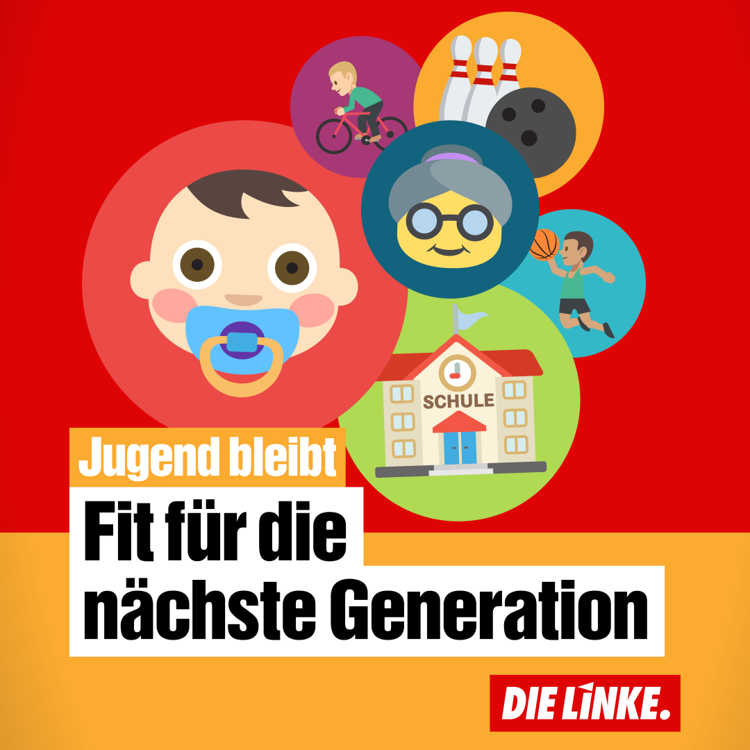 Text: "Jugend bleibt. Fit für die nächste Generation". Dazu rotes DIE LINKE Logo und Icons: Baby, ältere Frau, Radfahrer, Schule, Basketballer, Bownling.