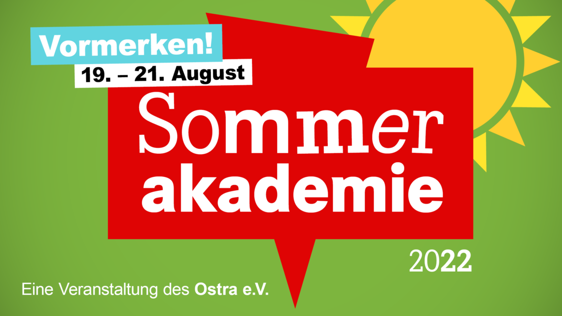 Text: Vormerken! 19. bis 21. August Sommerakademie 2022. Dazu ein Icon einer Sonne.