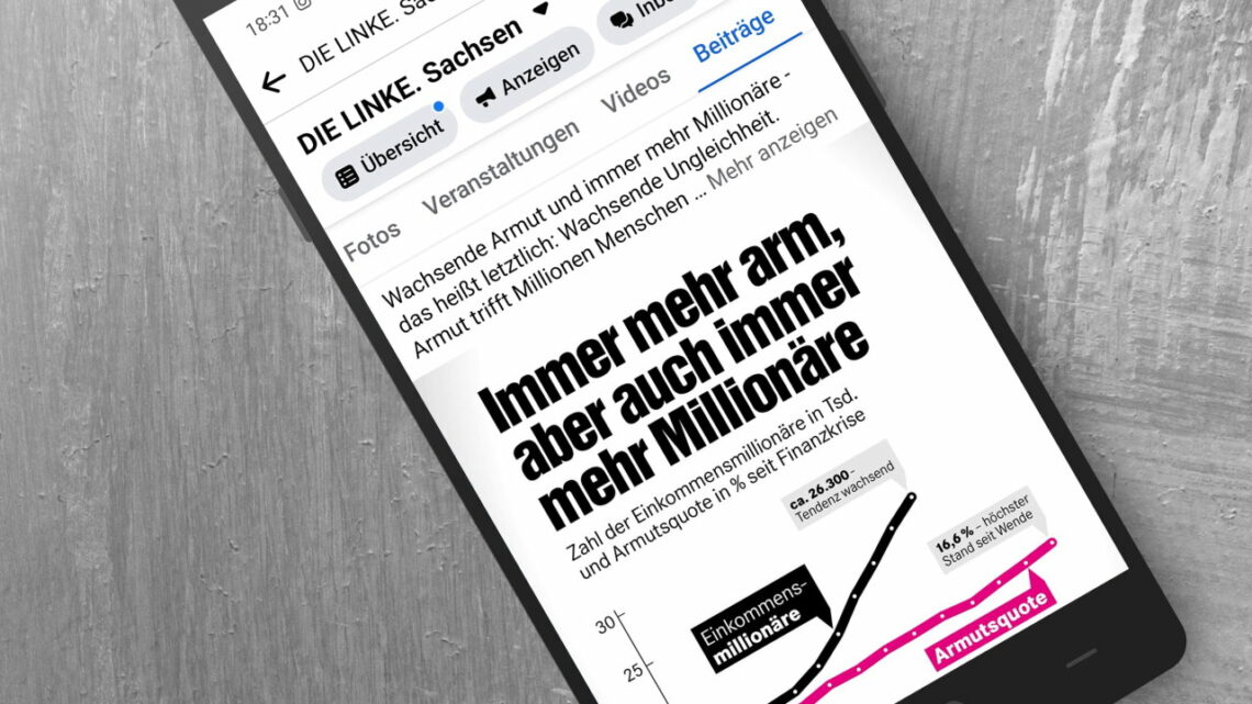 Zu sehen ist ein Smartphone, auf dem die Facebookseite von DIE LINKE. Sachsen geöffnet ist. Dort sieht man im Feed eine Grafik mit der Überschrift "Immer mehr arm, aber auch immer mehr Millionäre."