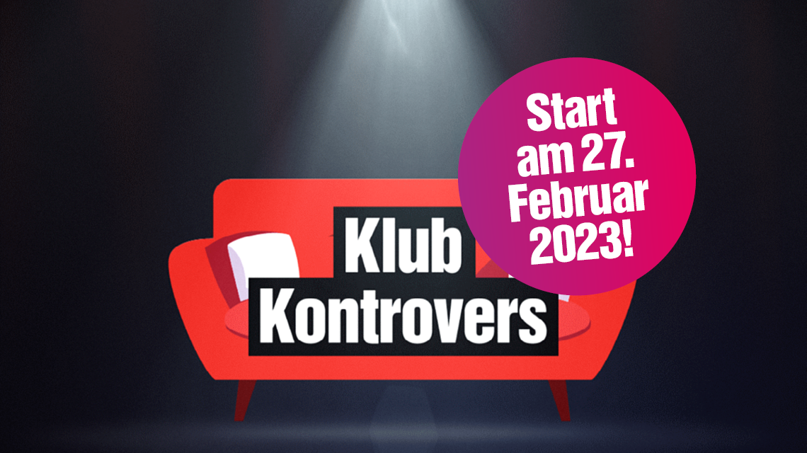 Logo Klub Kontrovers (rote Couch mit Spotlight darauf) und Hinweis: "Start am 27. Februar 2023)