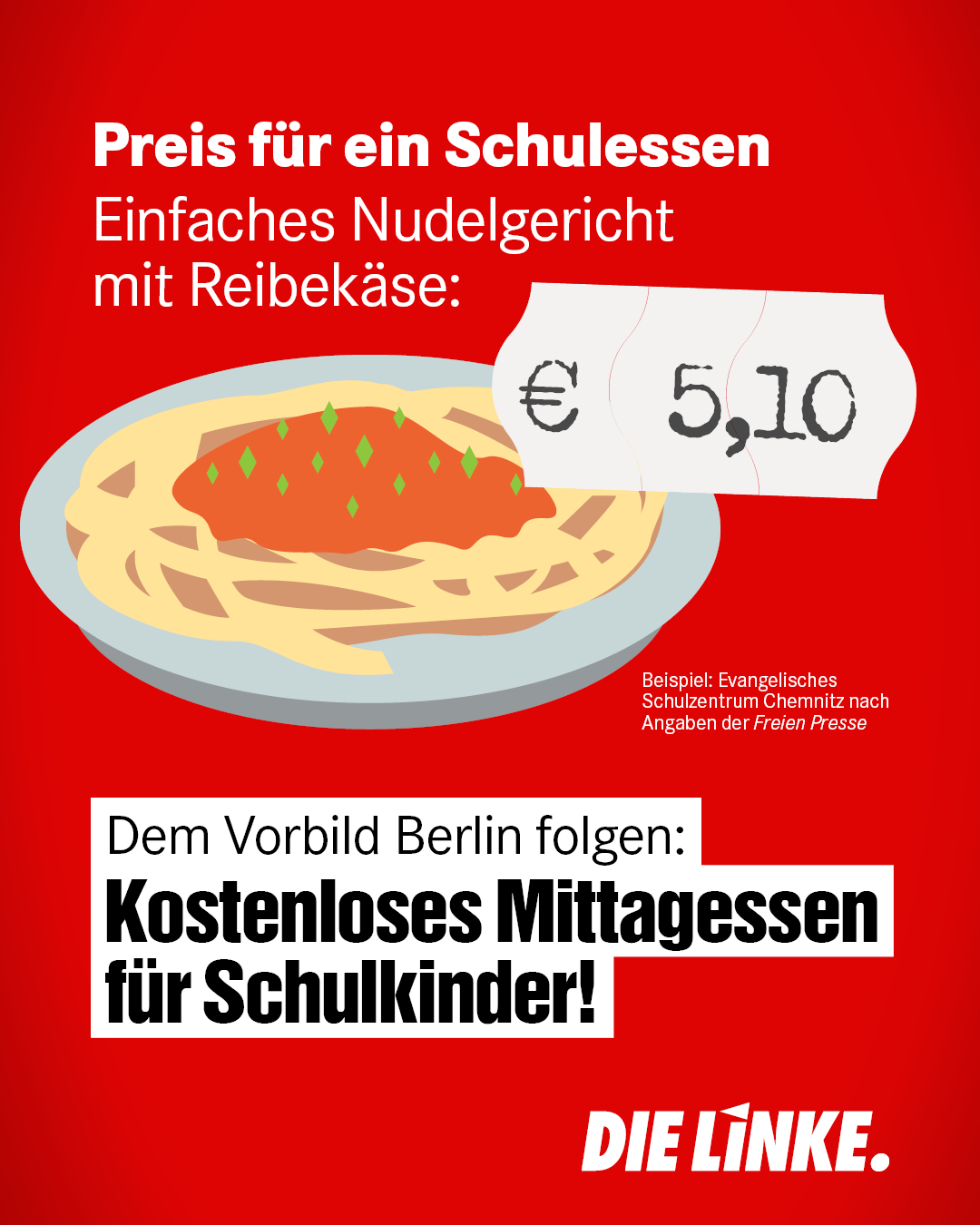 Ein Bild von einem Teller Nudeln, darauf der Text: "Preis für ein Schulessen. Einfaches Nudelgericht mit Reibekäse: 5,10 €." Darunter als Headline: "Dem Vorbild Berlins folgen: Kostenloses Mittagessen für Schulkinder!".