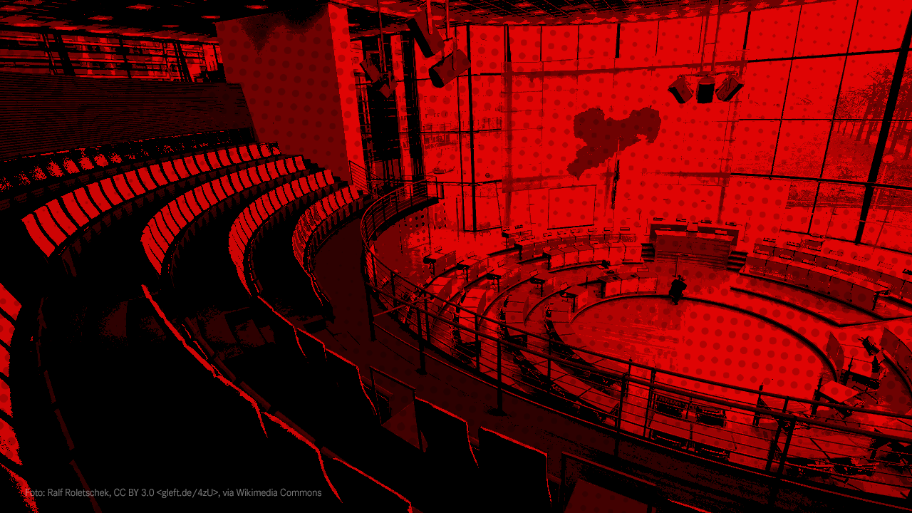 Ein im Comic-Stil überarbeitetes und rot eingefärbtes Foto des Plenarsaals des Sächsischen Landtags.